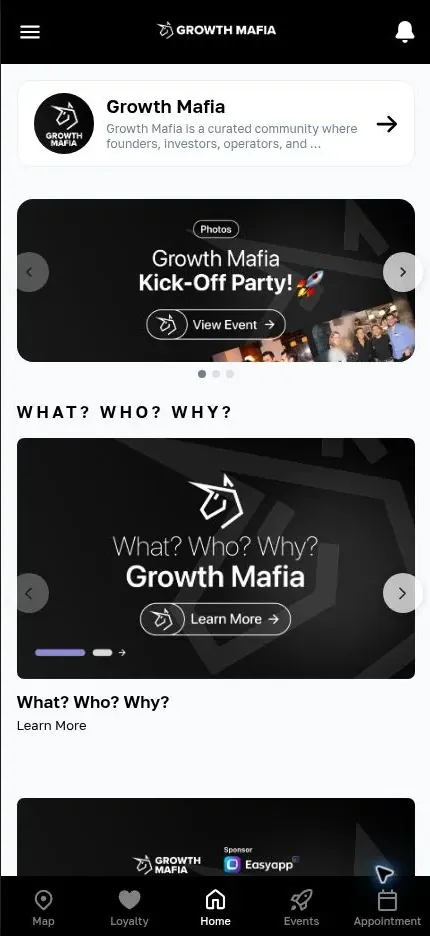 The Growth Mafia Mini App home screen
