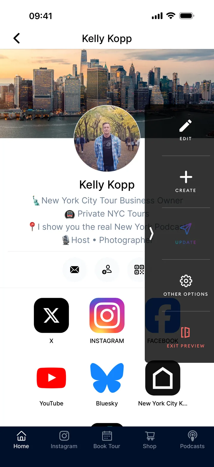 The Mini App preview menu with edit, create, and publish controls